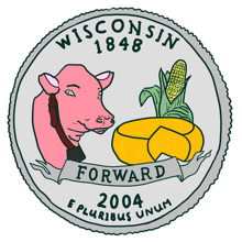 A coin with a cartoon of a cow and corn Description automatically generated with low confidence