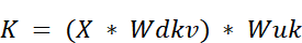 Equation: K = (X * Wdkv) * Wuk