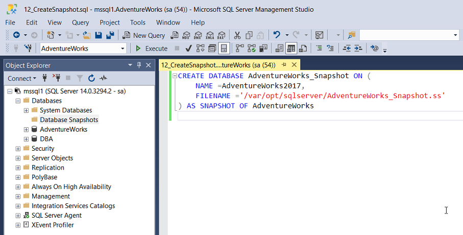 tsql create snapshot