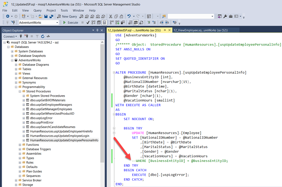update stored procedure