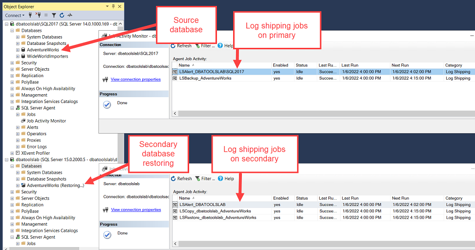 showing Log Shipping setup in SSMS