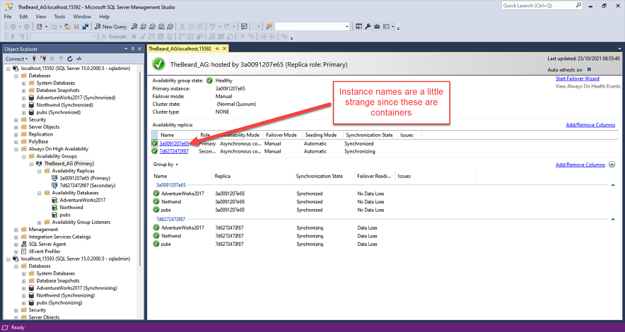 SSMS showing AG running on containers