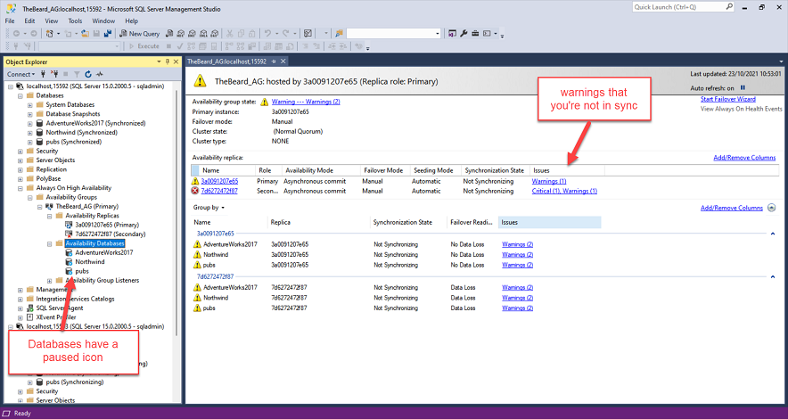 SSMS AG dashboard showing data movement suspended