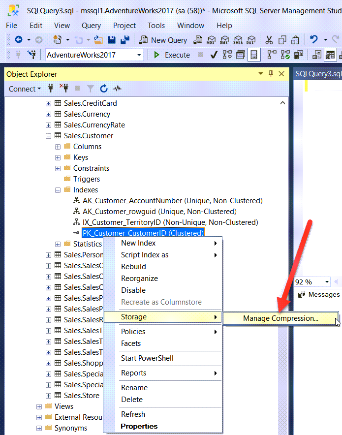Manage compression for the clustered index in Sales.Customer