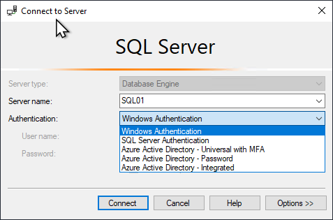 SQL Server Management Studio’s Connect to Server dialog box