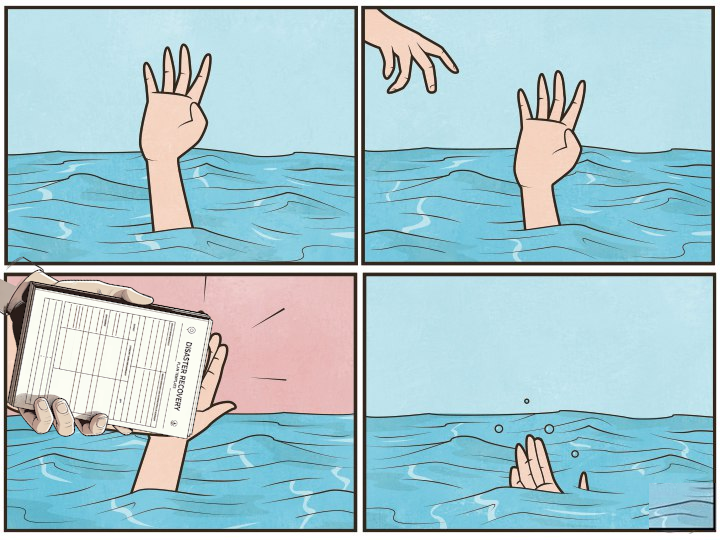 This is a humorous take on a situation where someone is in need of important documents during a crisis, but instead, they are handed an unfilled template, symbolizing a lack of help or preparation.