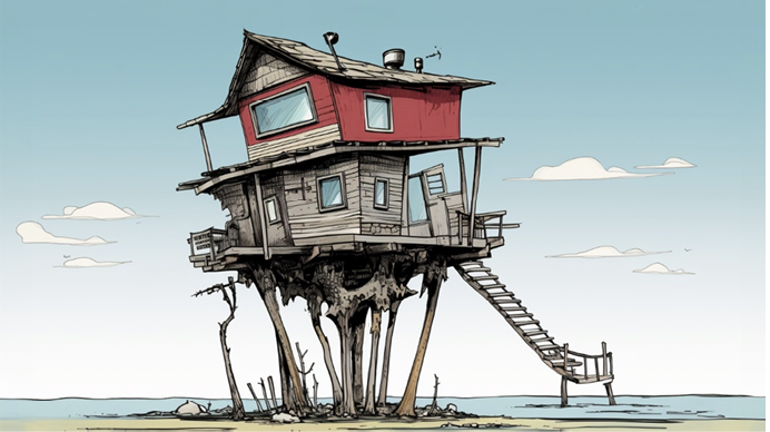 A cartoon of a house on stilts

Description automatically generated