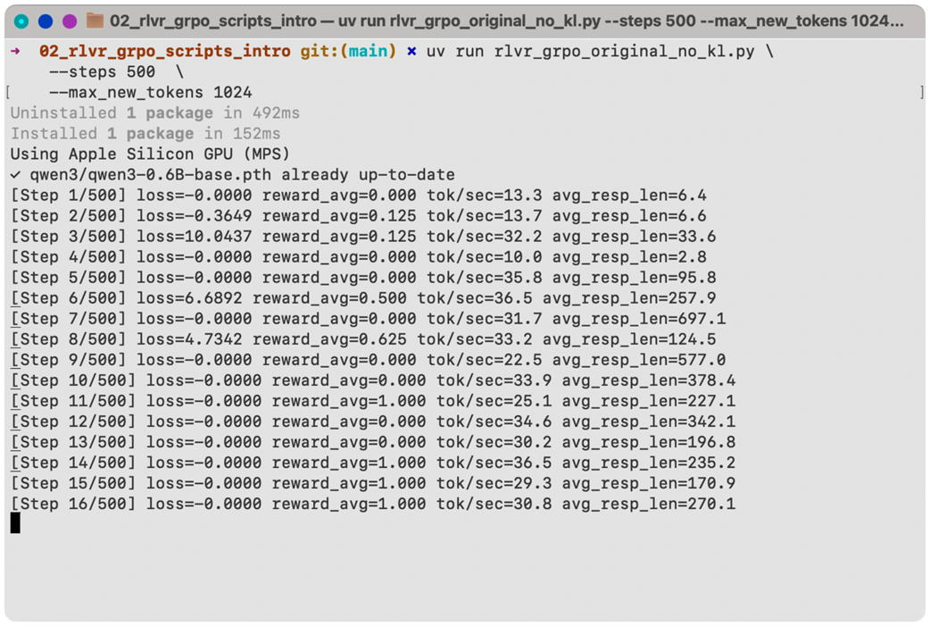 Figure 7.3 Output from a GRPO training run using GRPO in a terminal with several training statistics, such as the loss, average reward, tokens/sec throughput, and average response length.