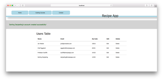 Successful flash message shown on the `/users` page