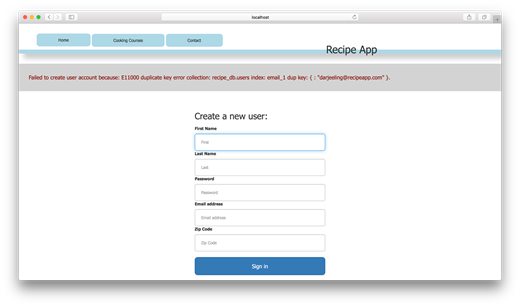 Error flash message shown on the `/` page