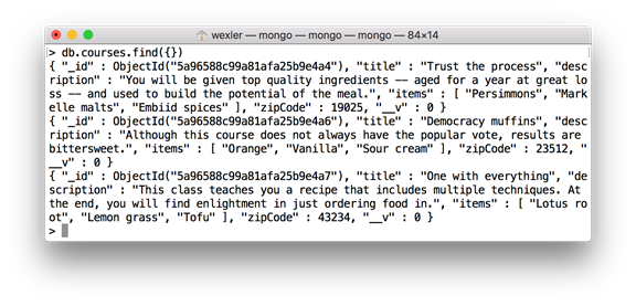 Display of courses in MongoDB