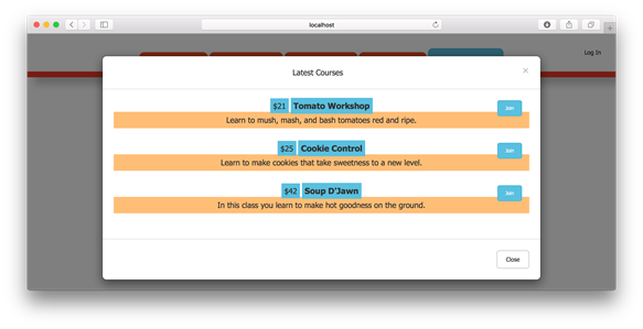 Showing course listing through modal in browser