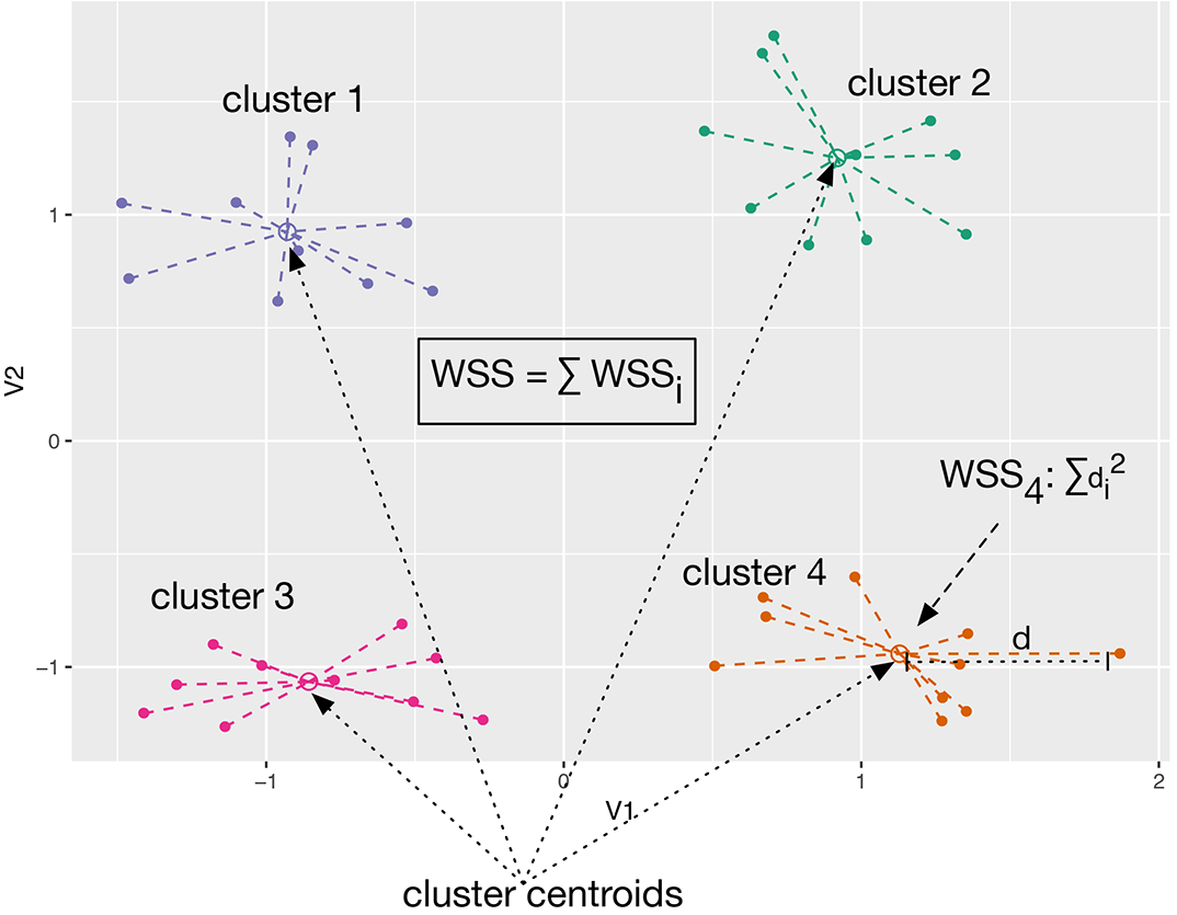 Cluster WSS and total WSS for a set of four clusters